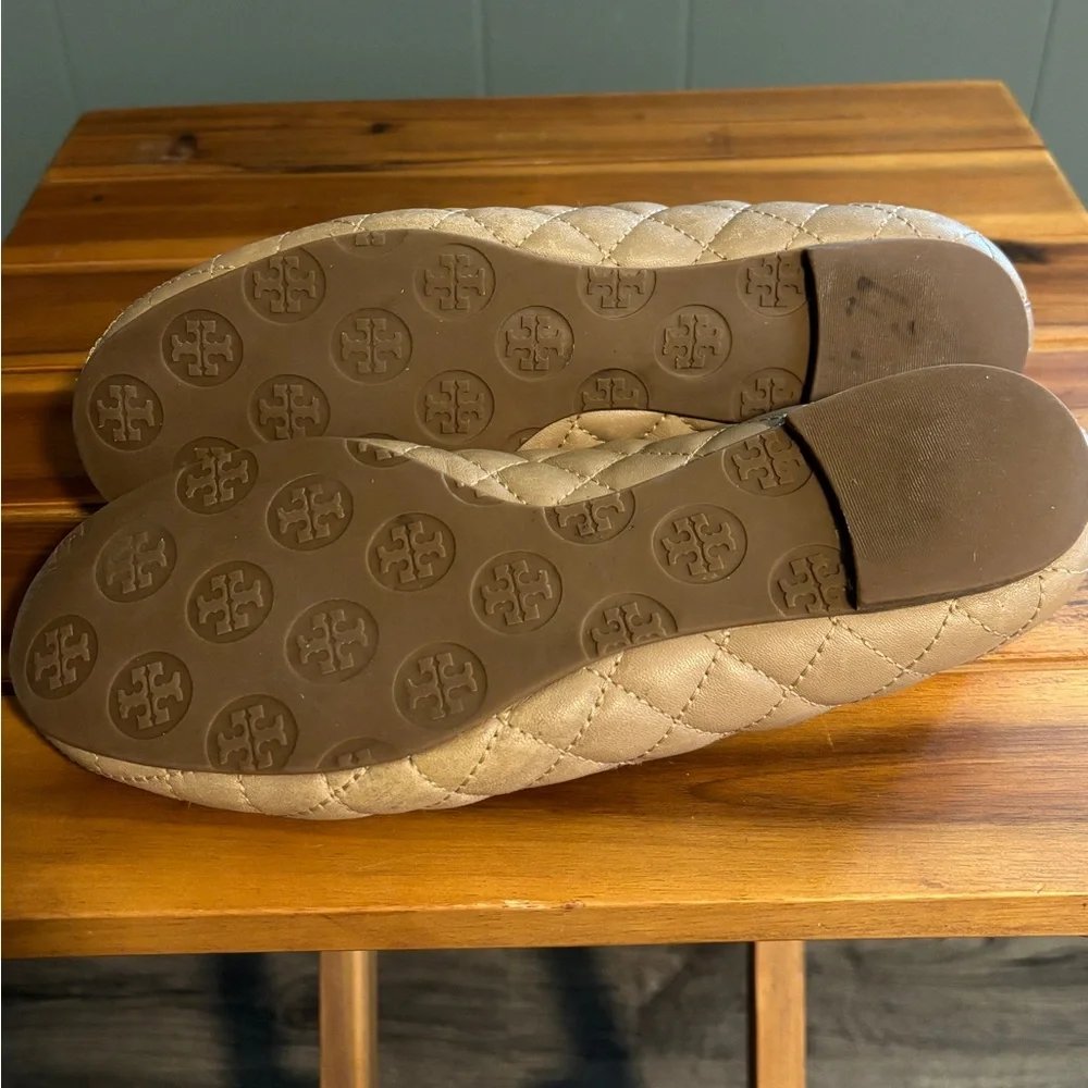 Tory Burch Quilted Taupe Leather Flats with Gold Logo Medallions